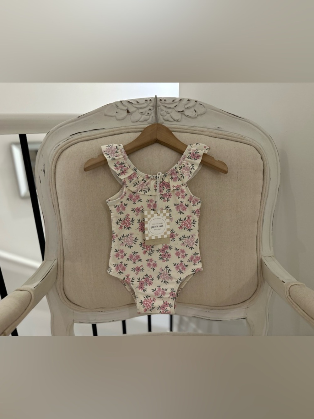 🤍 6~12 Mth Petit Lem Pink Ditsy Floral Ivory One Piece Ruffle Baby Swimsuit NWT